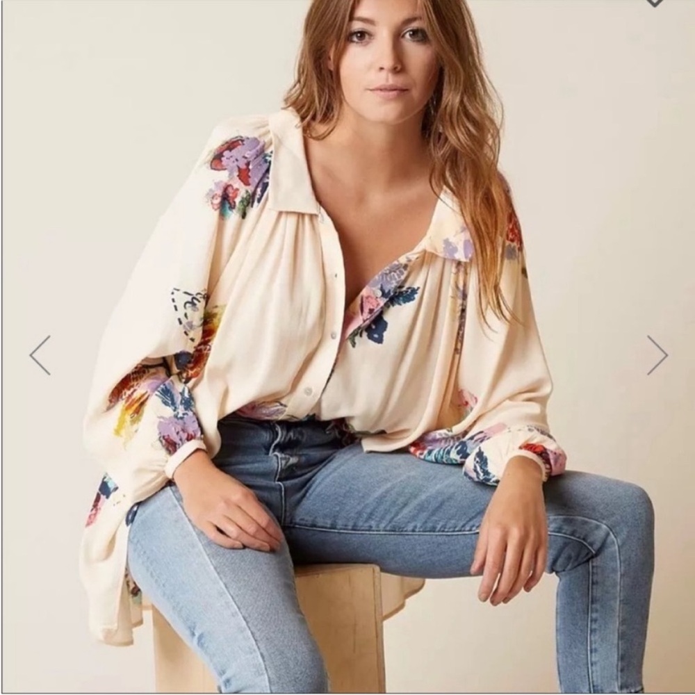 Free People Cream Button-Down Blouse with Multicolor Floral Print
